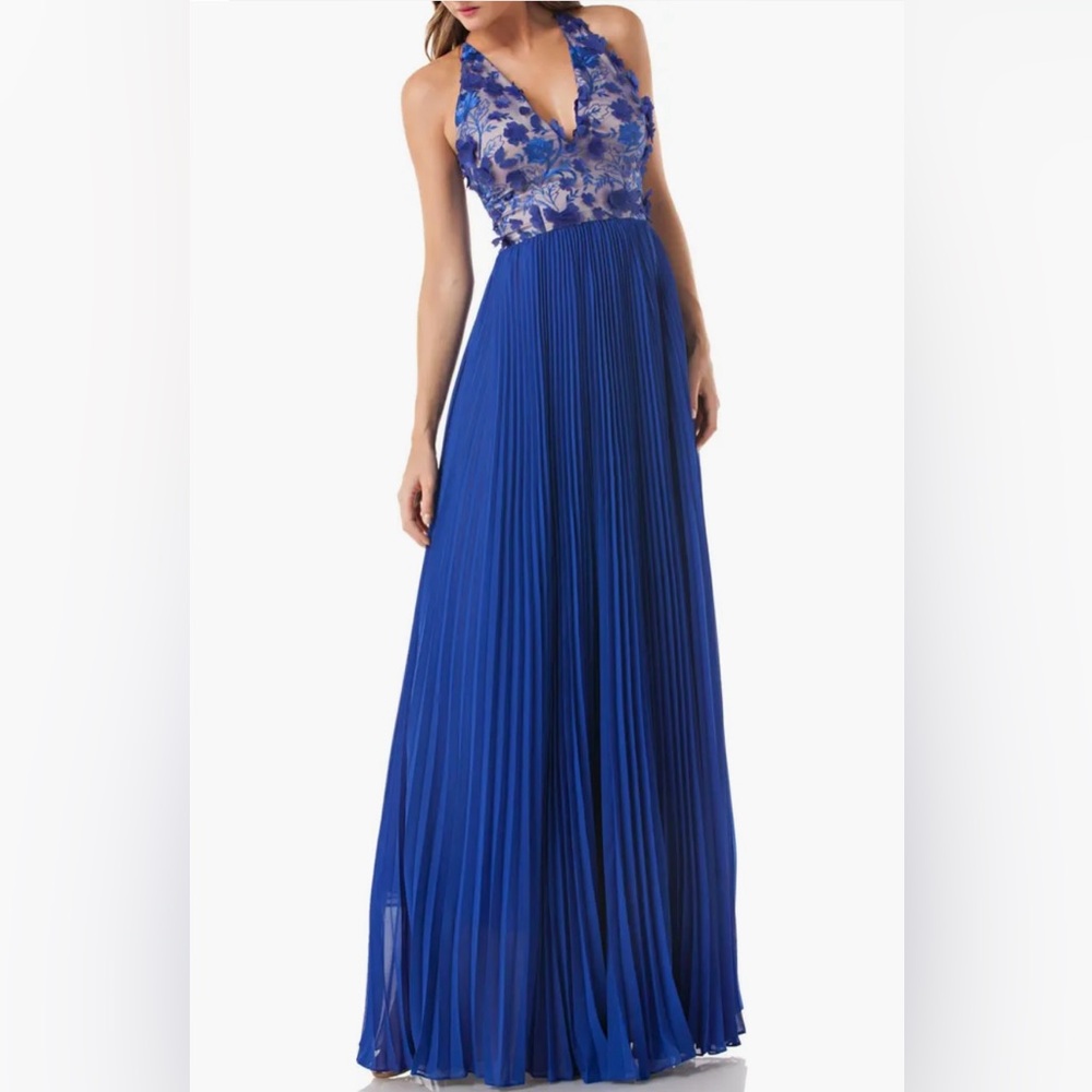 Women’s Carmen Marc Valvo‎ Infusion Petals Halter Gown, Size 6 Royal Blue, 3D